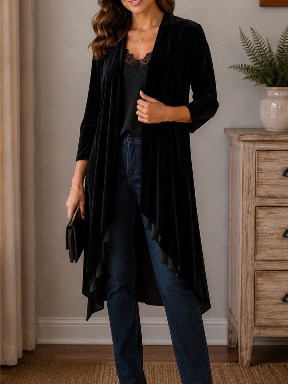 Women's Black Draped Velvet Long Open Cardigan